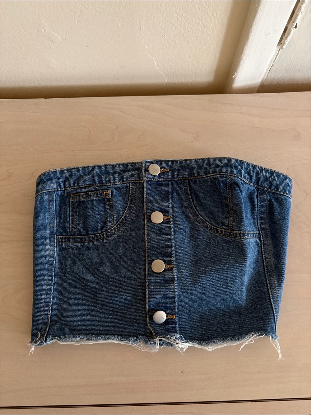 Women’s Dark Blue Denim Strapless Corset Top with Button Front